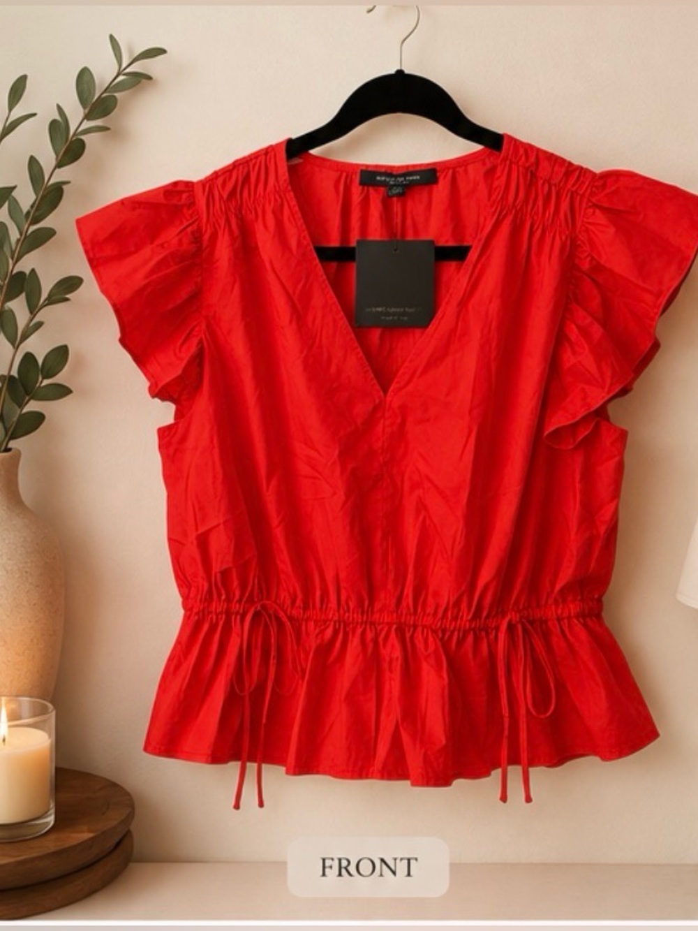 Marc New York Red V-Neck Ruffle Sleeve Drawstring Peplum Top